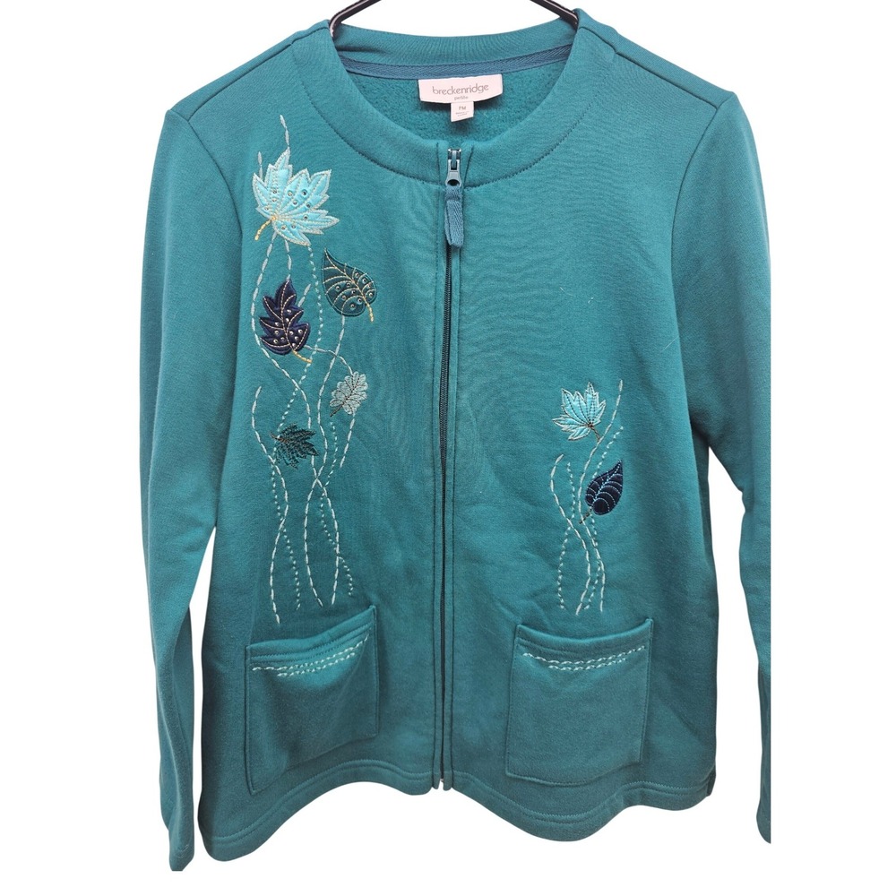 Breckenridge Petite PM Teal Green Embroidered Leaf Full Zip Fleece Sweatshirt